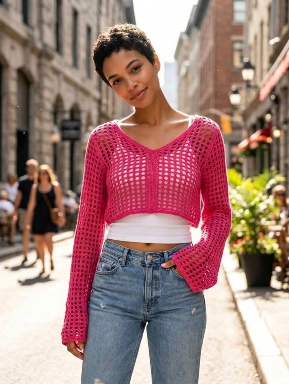 3/＄44 💕💕Open-Knit Cropped V-Neck Loose Sweater in Hot Pink